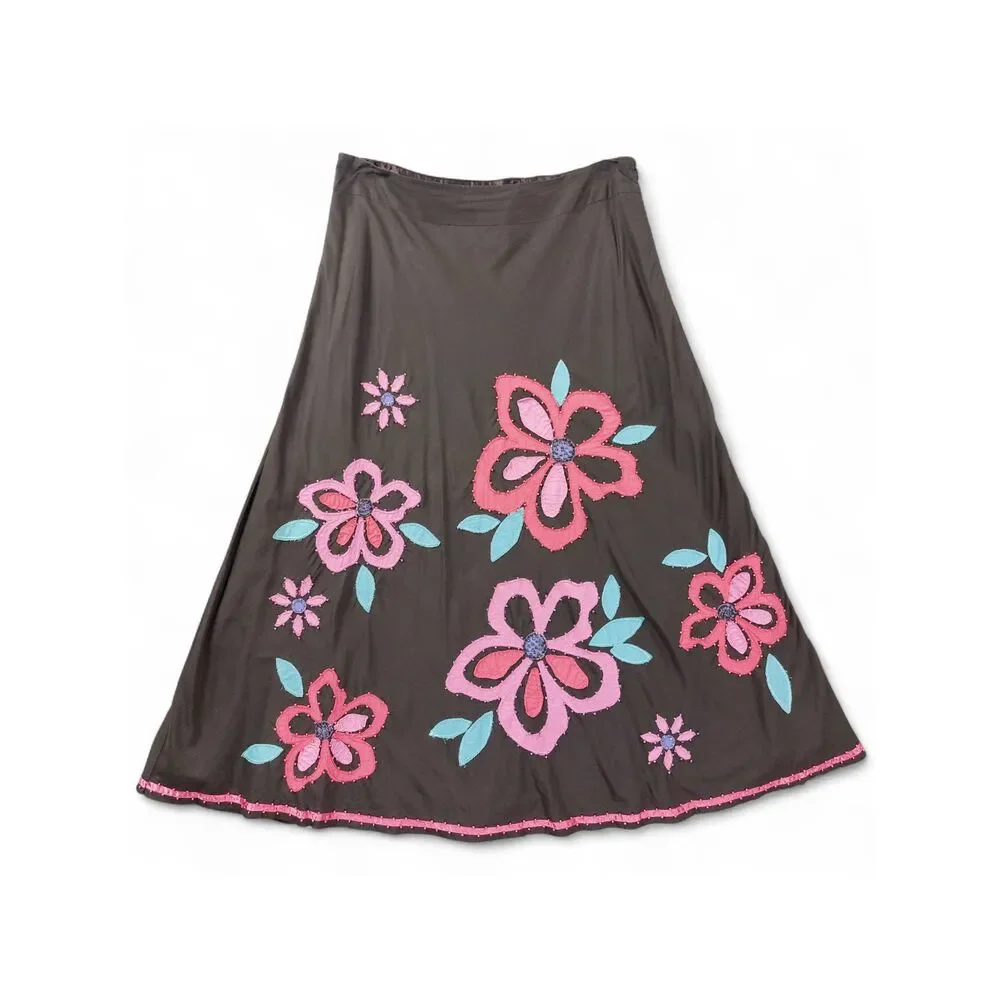 Boden Floral Appliqué A-Line Skirt Brown Pink Retro Cotton Lined Women’s 14